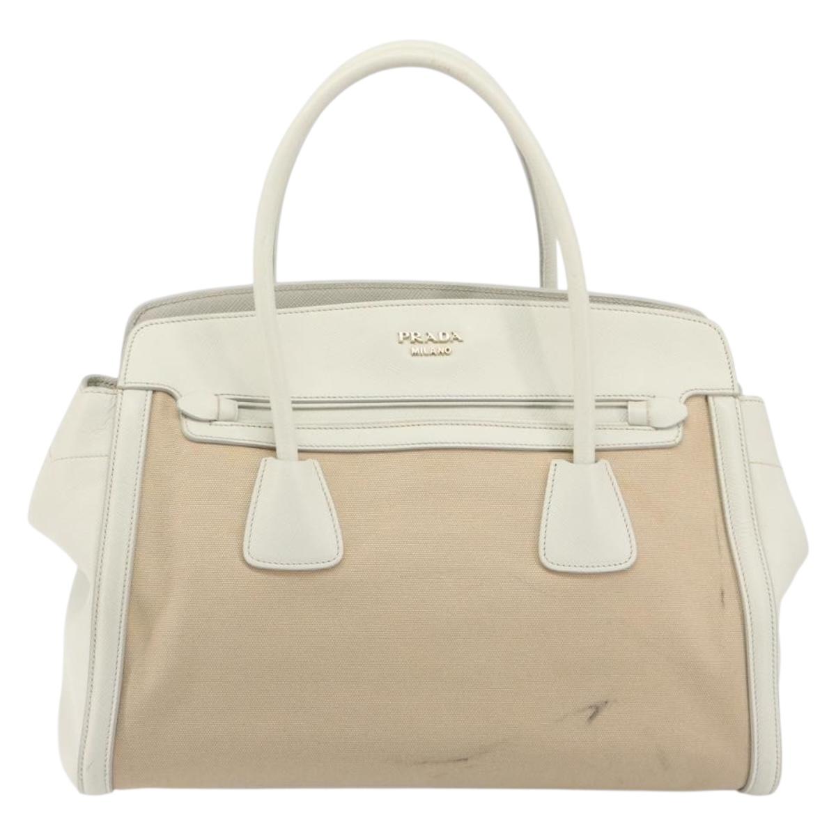 PRADA Hand Bag Canvas Beige Gold Auth 192530A