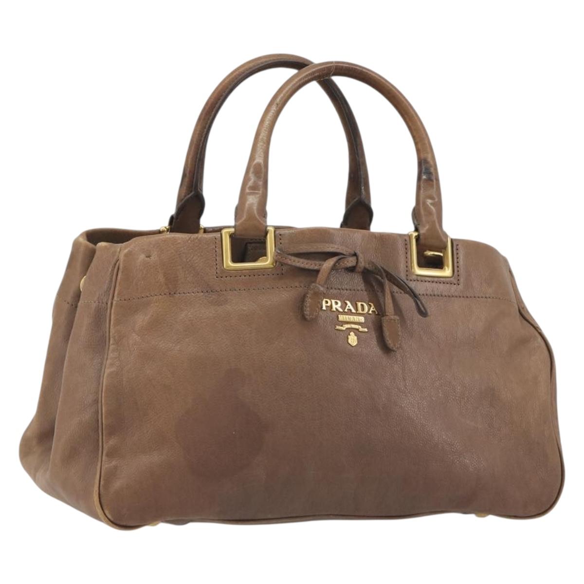 PRADA Hand Bag Leather Brown Gold Auth 192531