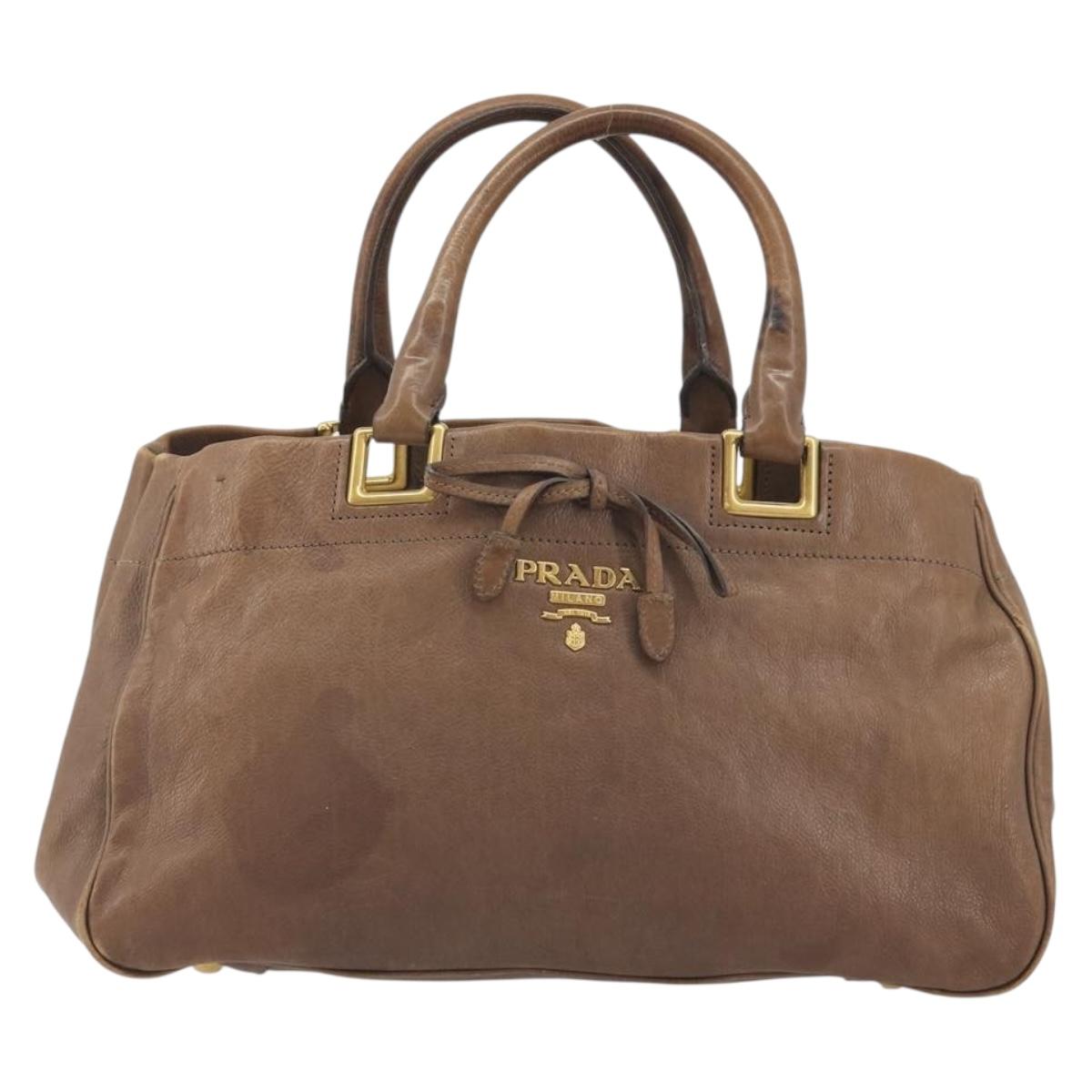 PRADA Hand Bag Leather Brown Gold Auth 192531