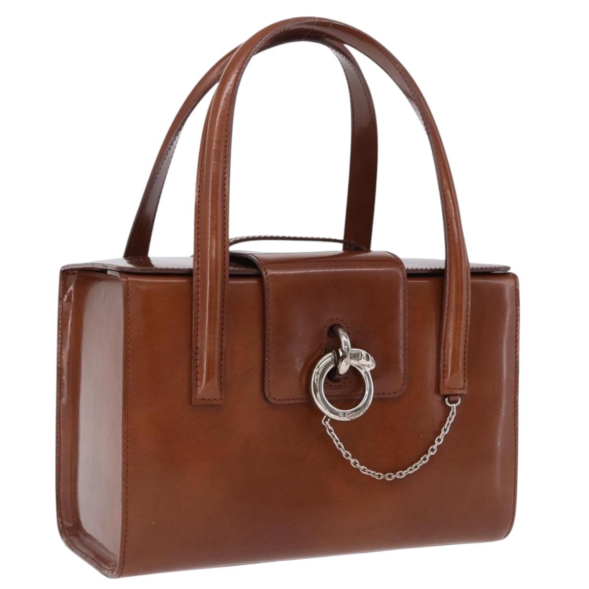 CARTIER PANTHERE Hand Bag Patent Leather Brown Silver Auth 192541