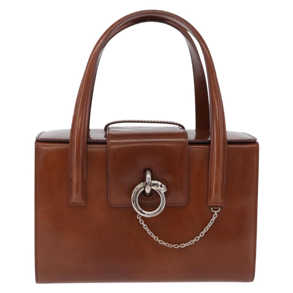 CARTIER PANTHERE Hand Bag Patent Leather Brown Silver Auth 192541