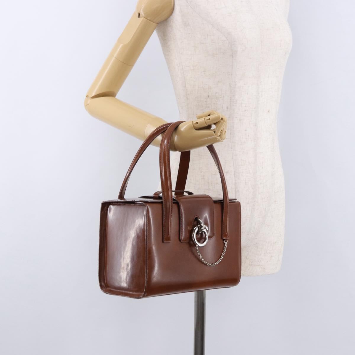 CARTIER PANTHERE Hand Bag Patent Leather Brown Silver Auth 192541