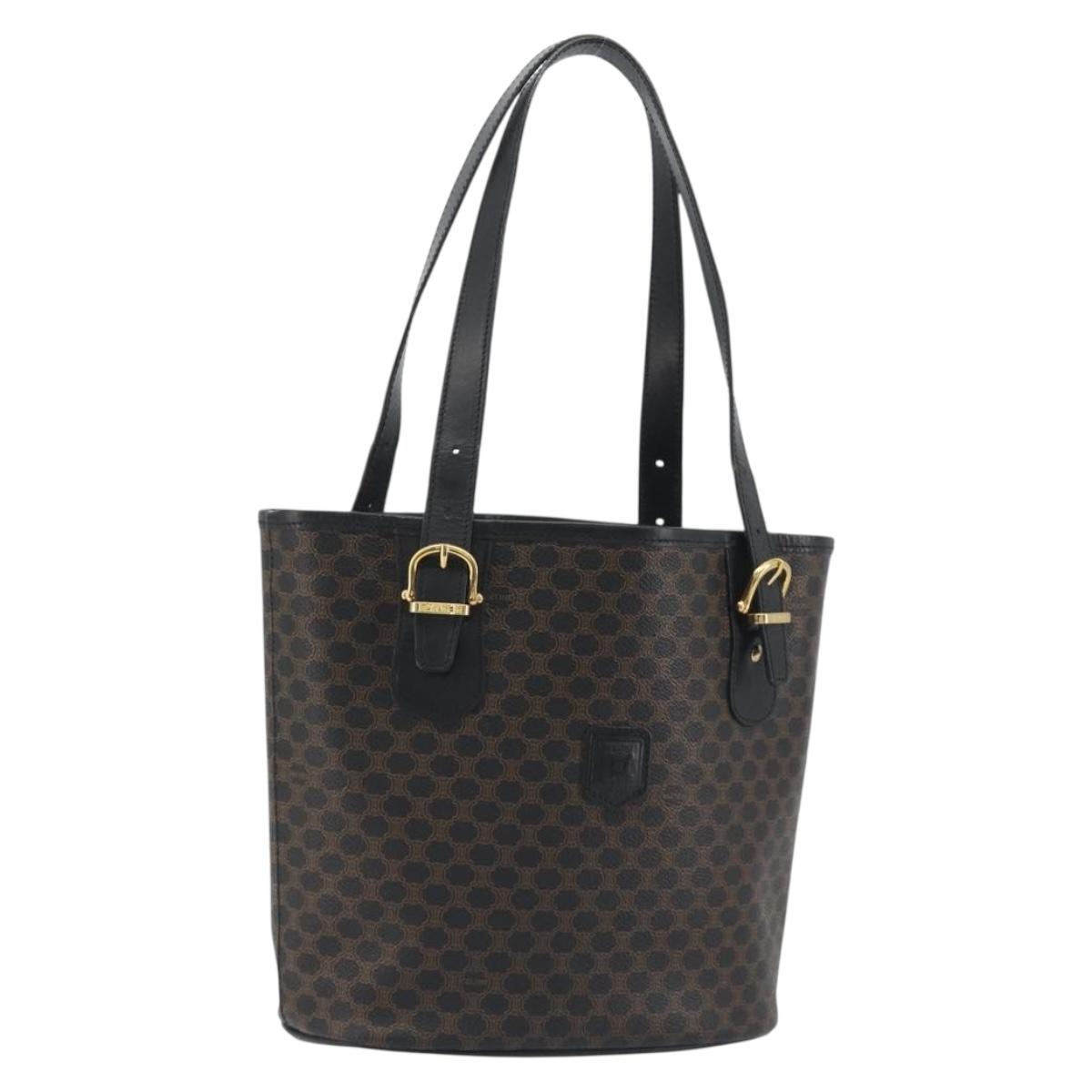 CELINE Macadam Canvas Tote Bag PVC Leather Black Gold Auth 192542A