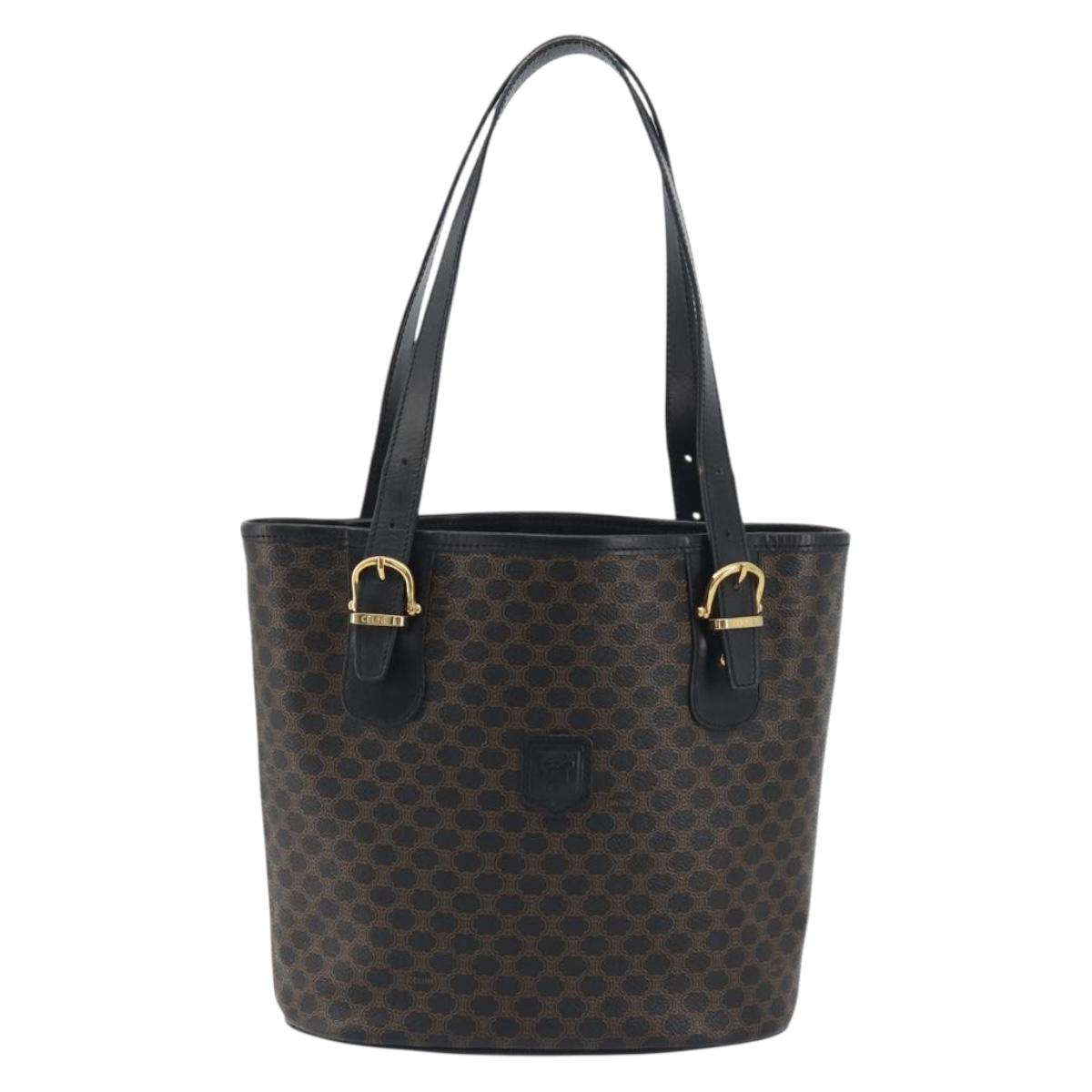 CELINE Macadam Canvas Tote Bag PVC Leather Black Gold Auth 192542A