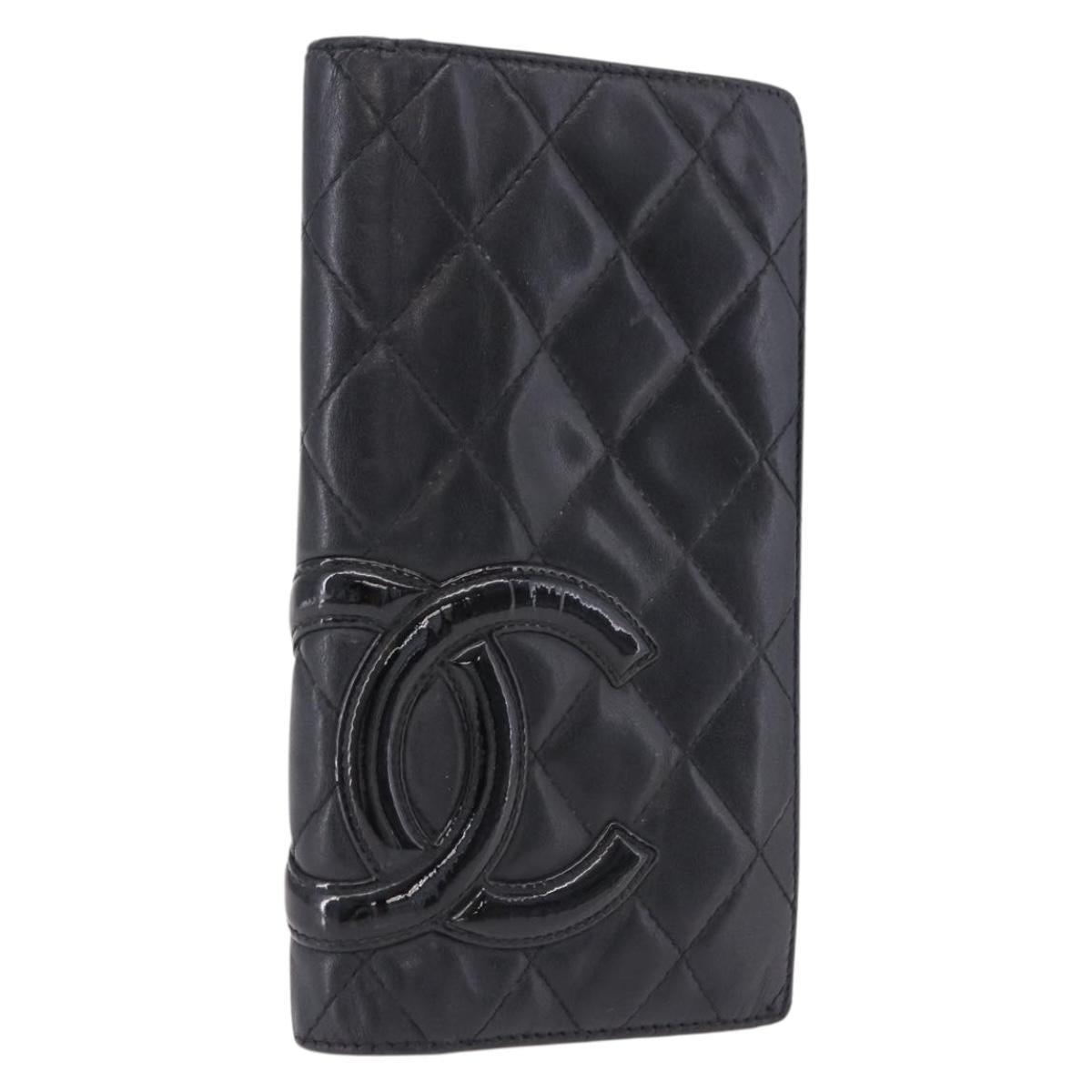 CHANEL Cambon Line Long Wallet Lamb Skin Black CC Auth 192549