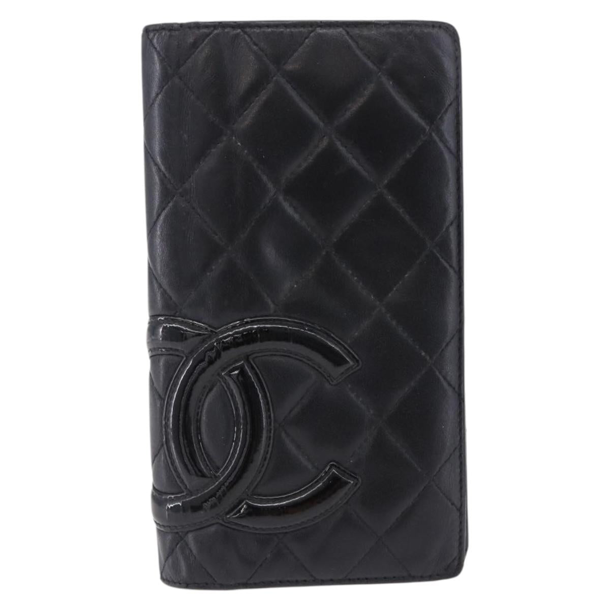 CHANEL Cambon Line Long Wallet Lamb Skin Black CC Auth 192549