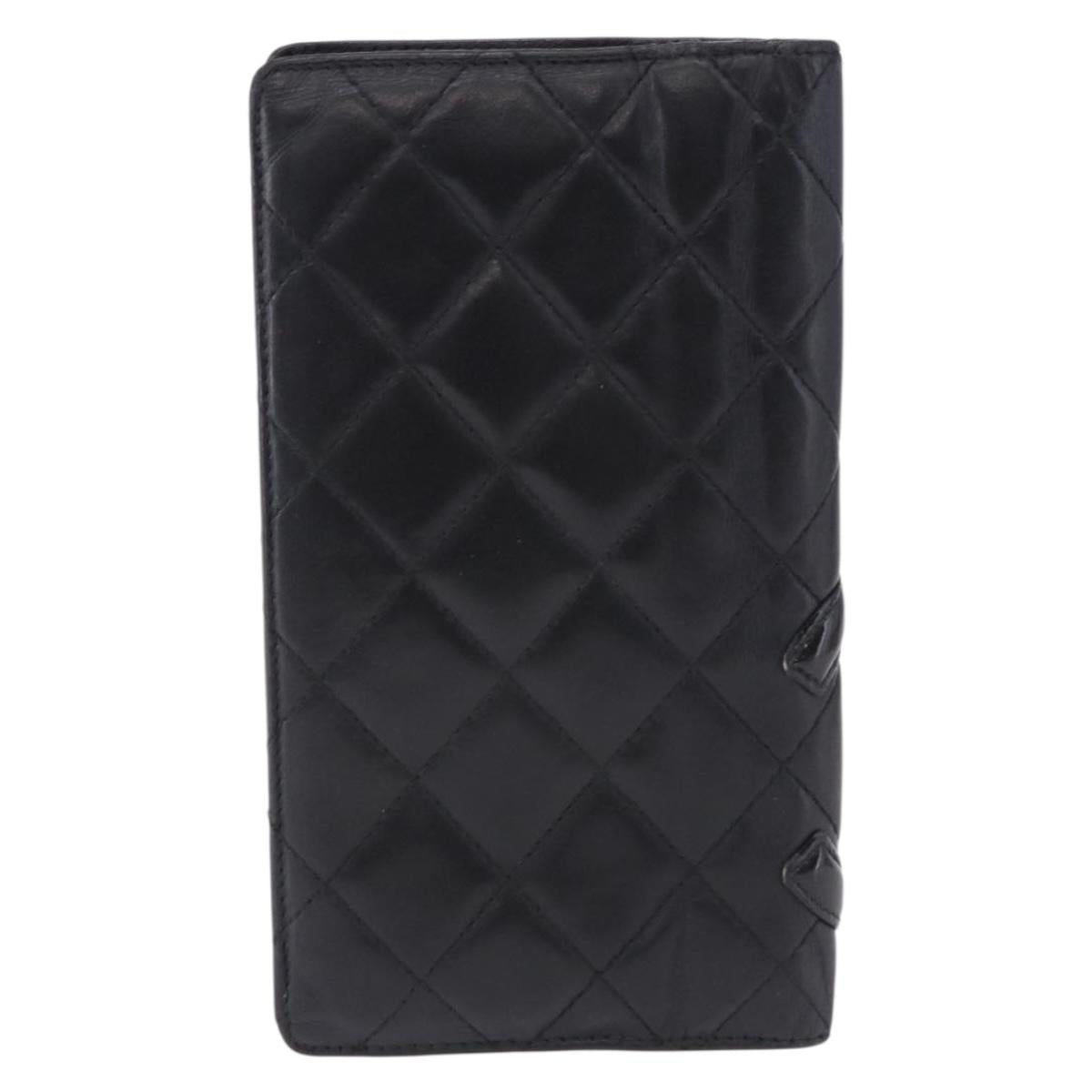CHANEL Cambon Line Long Wallet Lamb Skin Black CC Auth 192549