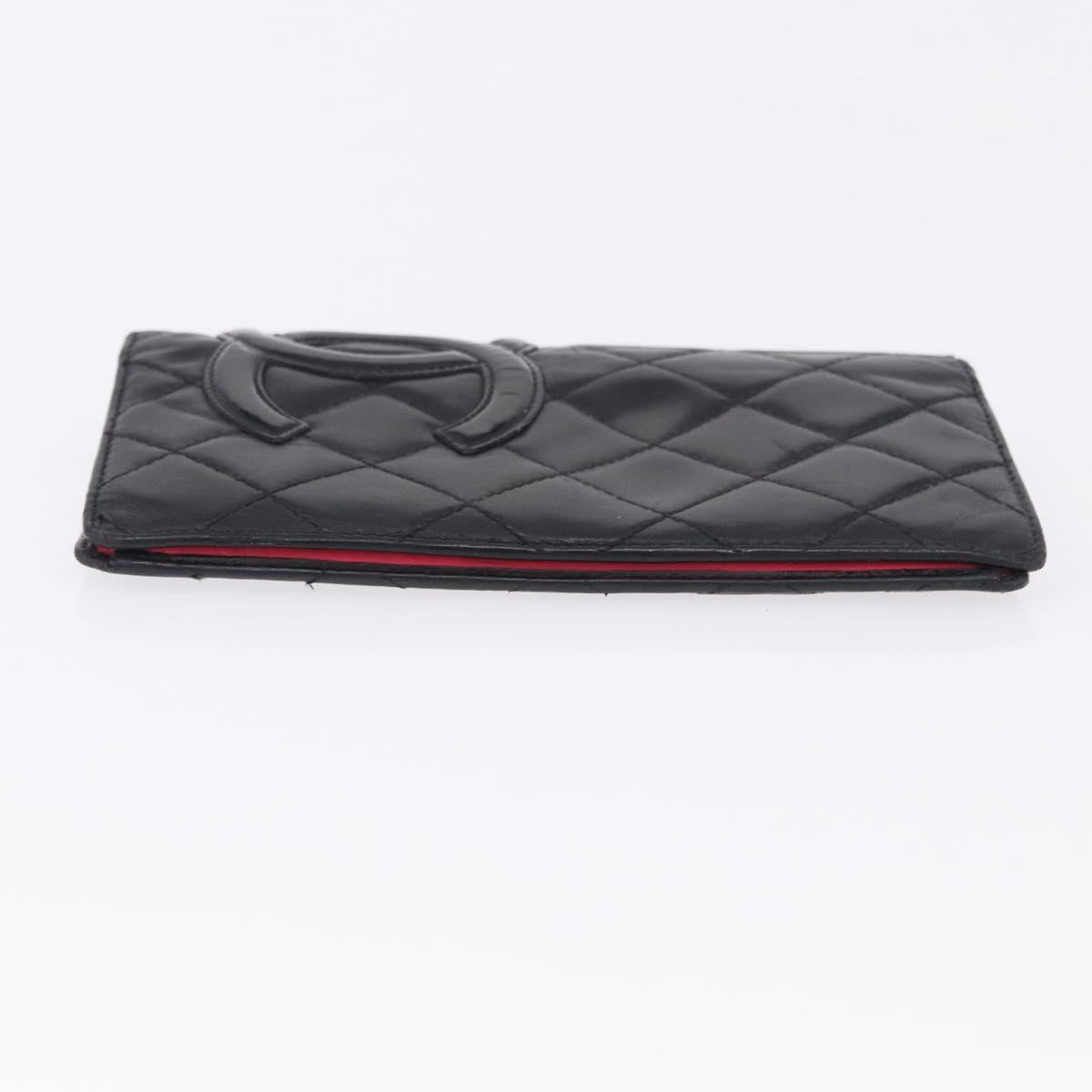 CHANEL Cambon Line Long Wallet Lamb Skin Black CC Auth 192549