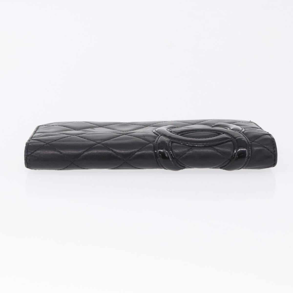 CHANEL Cambon Line Long Wallet Lamb Skin Black CC Auth 192549