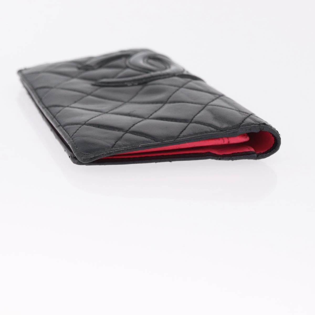 CHANEL Cambon Line Long Wallet Lamb Skin Black CC Auth 192549