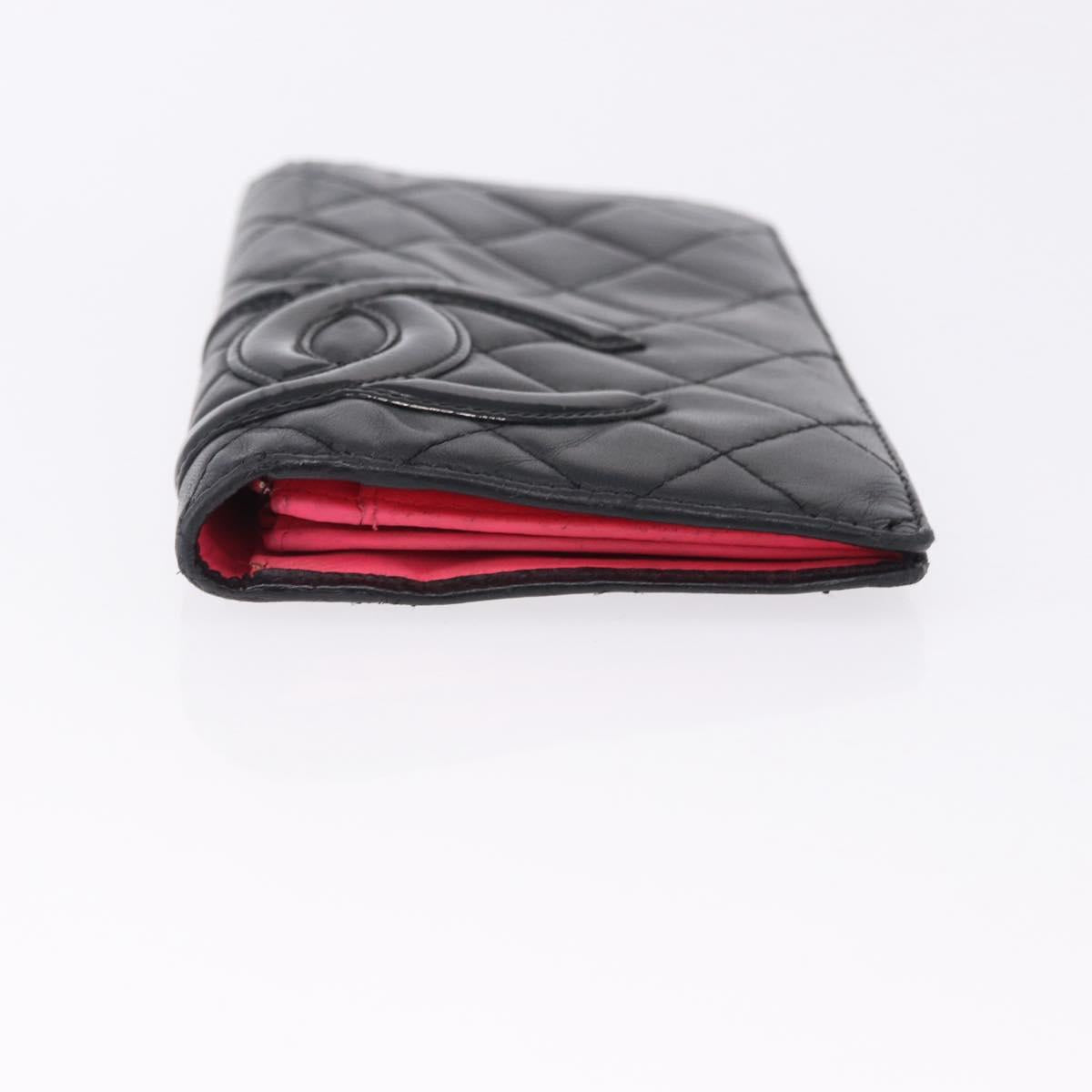 CHANEL Cambon Line Long Wallet Lamb Skin Black CC Auth 192549