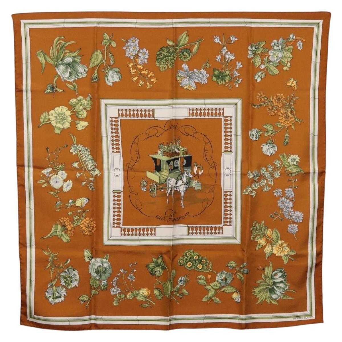 HERMES Carre 90 Scarf hQuai Aux Fleursh Silk Brown Auth 192550