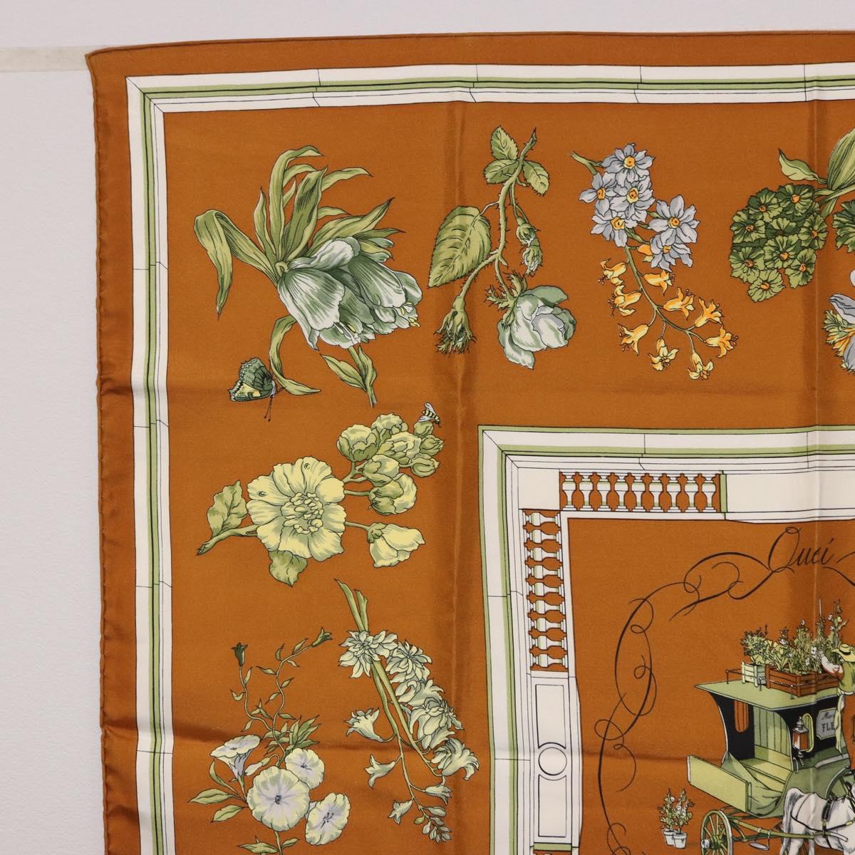 HERMES Carre 90 Scarf hQuai Aux Fleursh Silk Brown Auth 192550