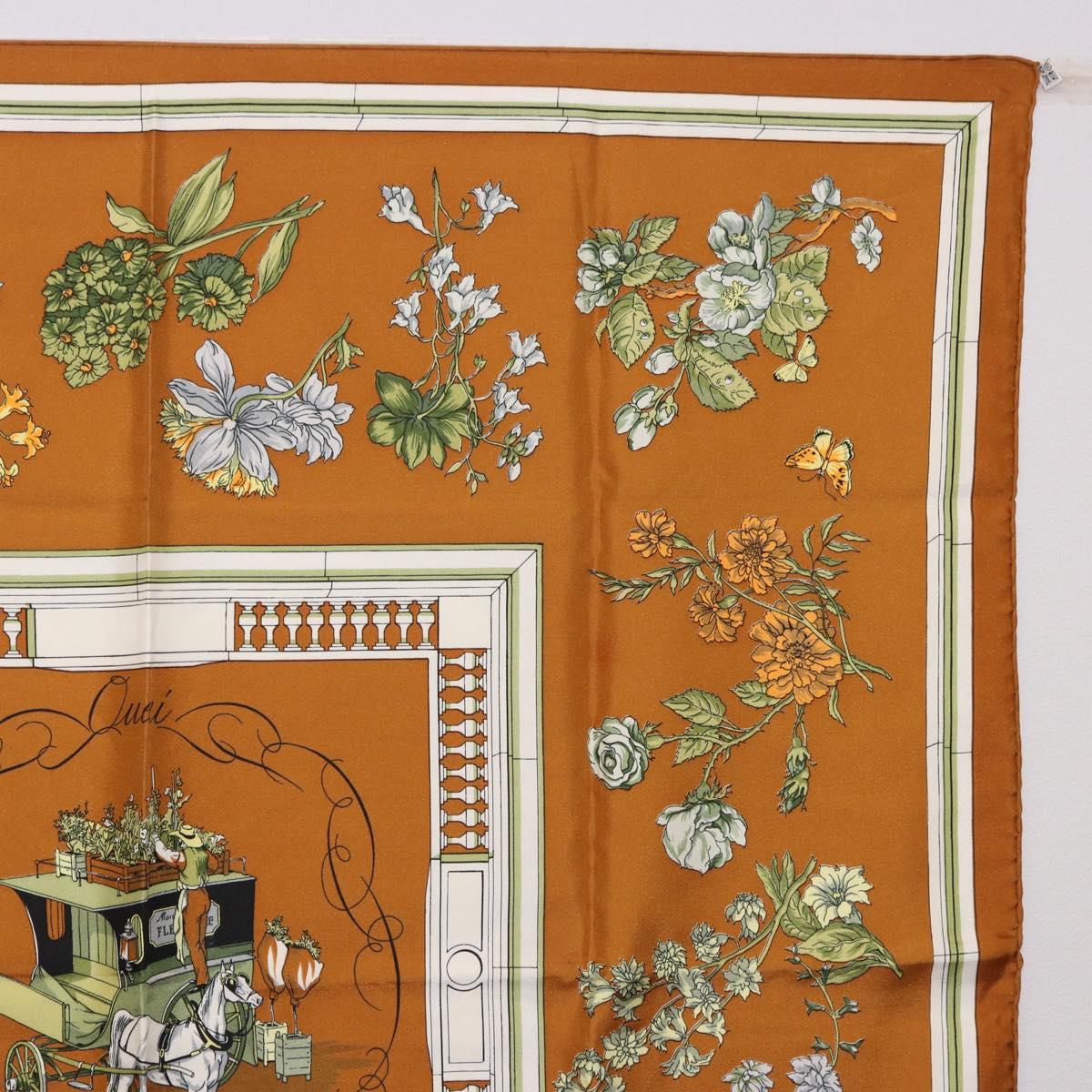 HERMES Carre 90 Scarf hQuai Aux Fleursh Silk Brown Auth 192550