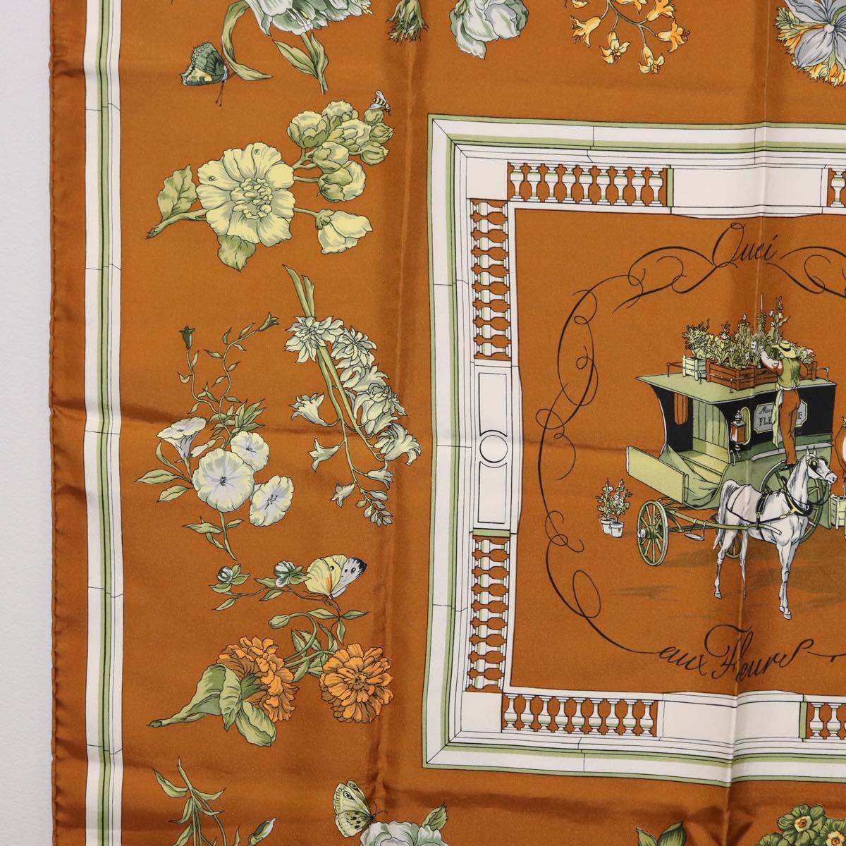 HERMES Carre 90 Scarf ”Quai Aux Fleurs” Silk Brown Auth 192550