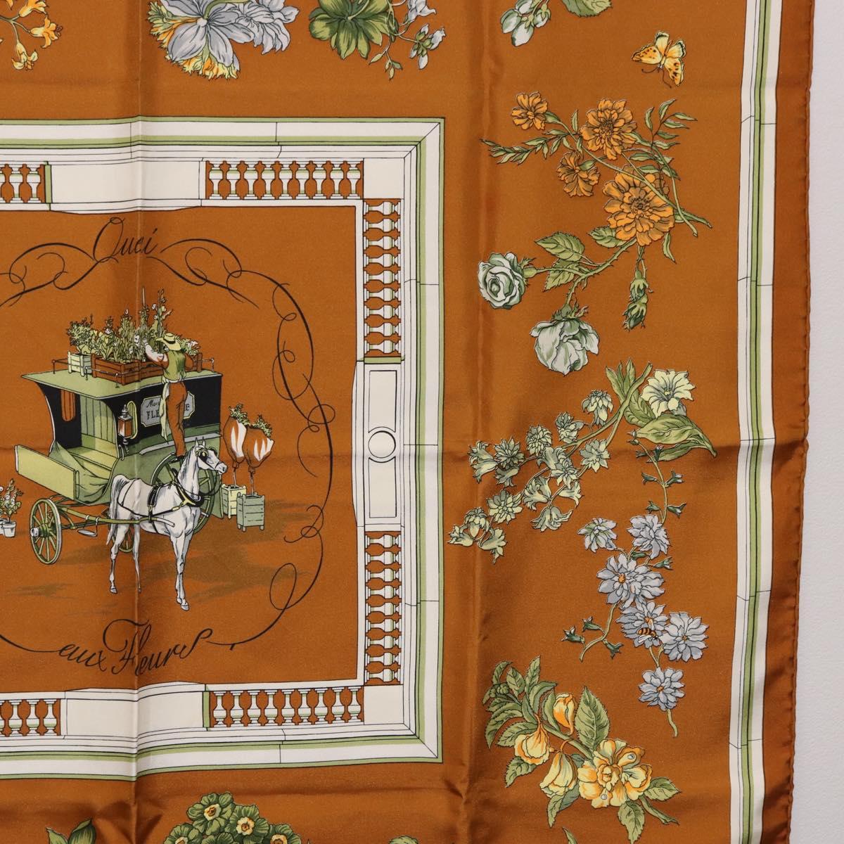 HERMES Carre 90 Scarf hQuai Aux Fleursh Silk Brown Auth 192550