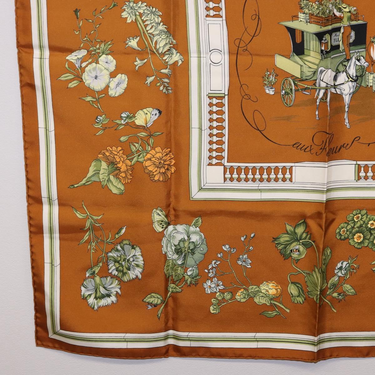 HERMES Carre 90 Scarf hQuai Aux Fleursh Silk Brown Auth 192550