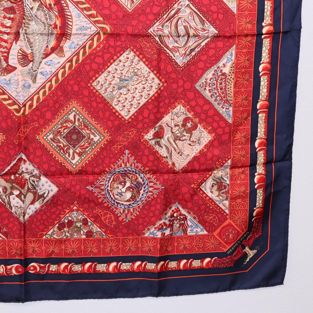 HERMES Carre 90 Scarf ”MARE NOSTRUM” Silk Red Navy Auth 192551