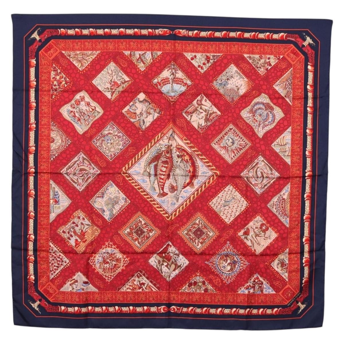 HERMES Carre 90 Scarf ”MARE NOSTRUM” Silk Red Navy Auth 192551