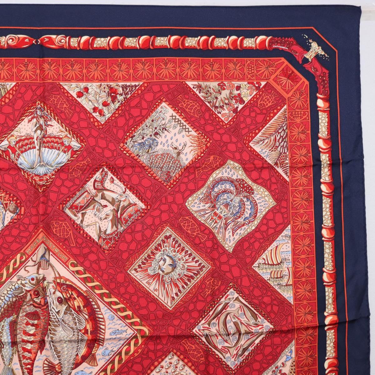 HERMES Carre 90 Scarf ”MARE NOSTRUM” Silk Red Navy Auth 192551