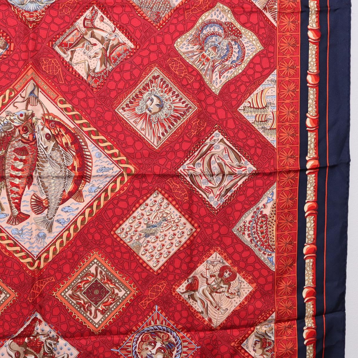 HERMES Carre 90 Scarf ”MARE NOSTRUM” Silk Red Navy Auth 192551