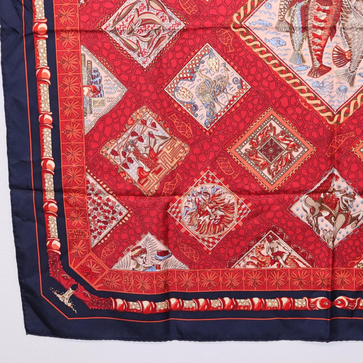 HERMES Carre 90 Scarf ”MARE NOSTRUM” Silk Red Navy Auth 192551