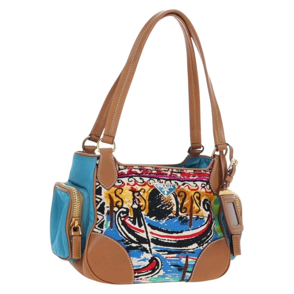 PRADA Venice Pattern Hand Bag Canvas Multicolor Gold Auth 192606SAV