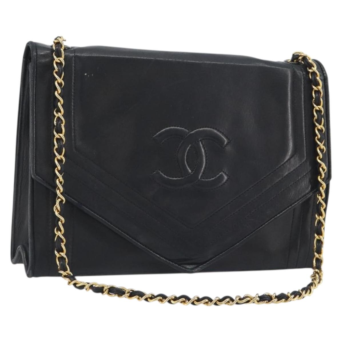 CHANEL V Stitch Chain Shoulder Bag Lamb Skin Black Gold CC Auth 192608A