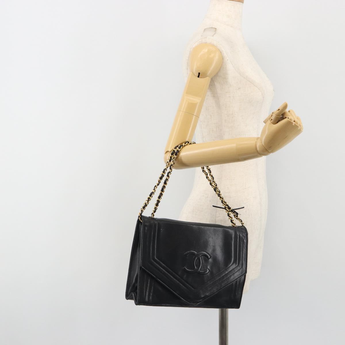 CHANEL V Stitch Chain Shoulder Bag Lamb Skin Black Gold CC Auth 192608A