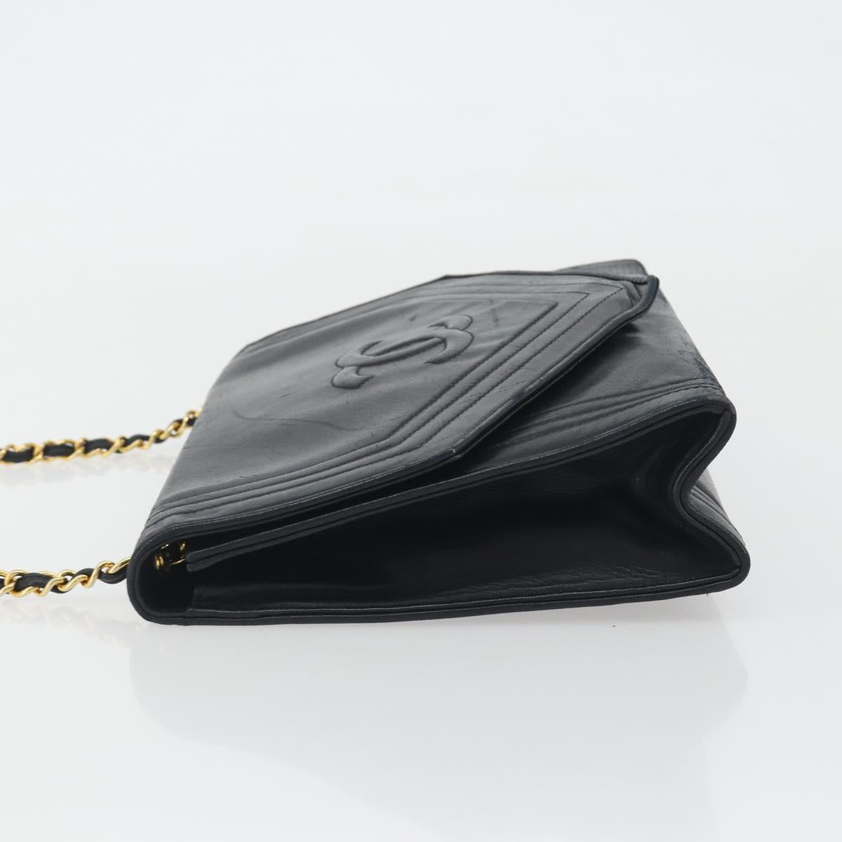 CHANEL V Stitch Chain Shoulder Bag Lamb Skin Black Gold CC Auth 192608A