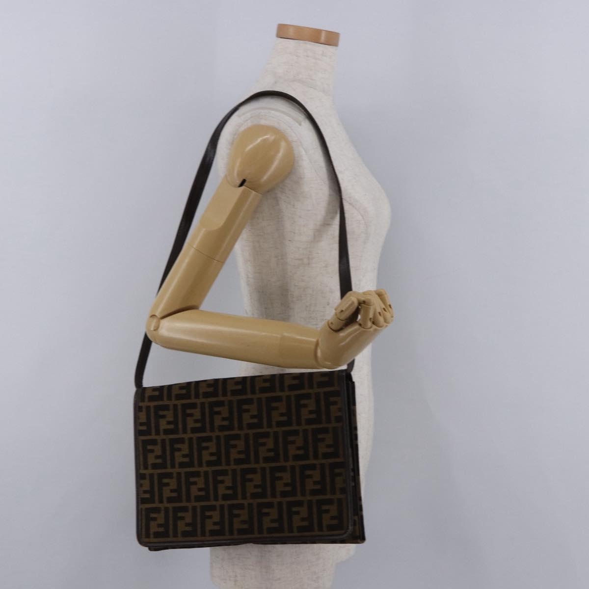FENDI Zucca Canvas Shoulder Bag Brown Gold Auth 192615