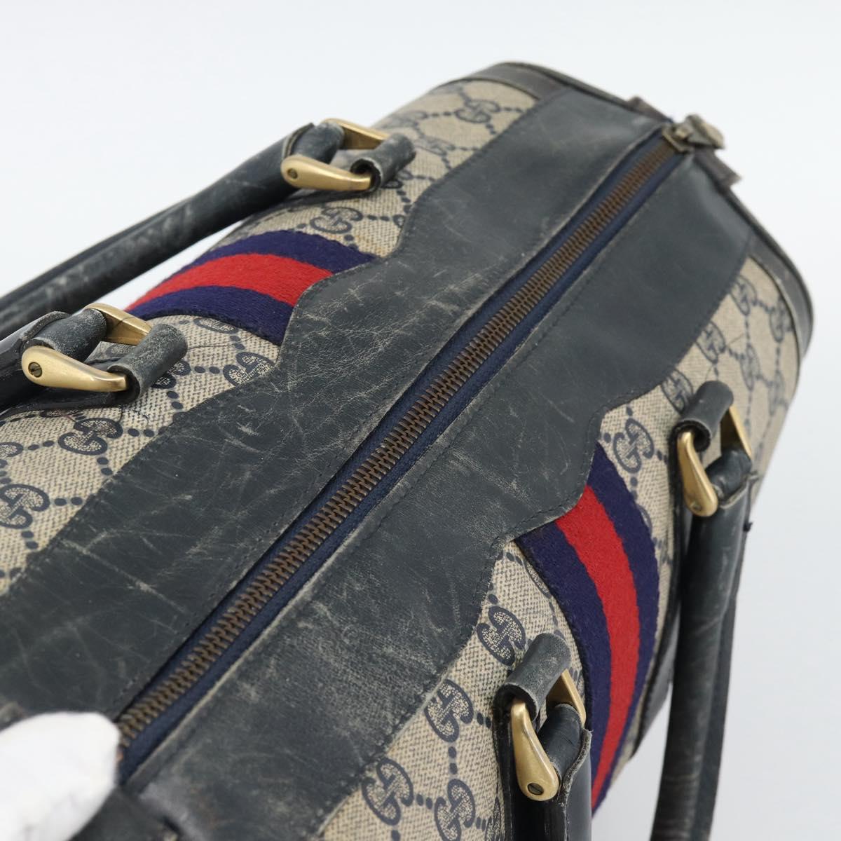 GUCCI GG Supreme Sherry Line Boston Bag PVC Navy Gold Auth 192619