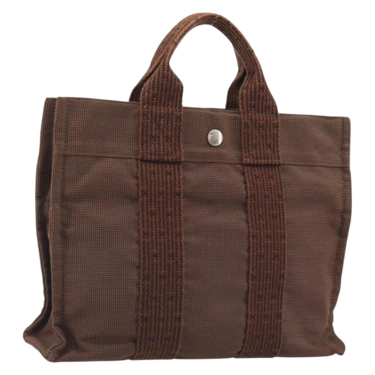 HERMES Her Line PM Hand Bag Canvas Brown Silver Auth 192649A