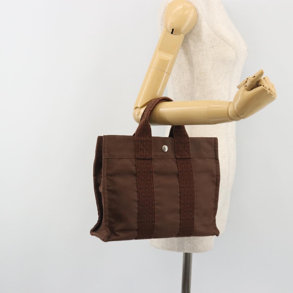 HERMES Her Line PM Hand Bag Canvas Brown Silver Auth 192649A