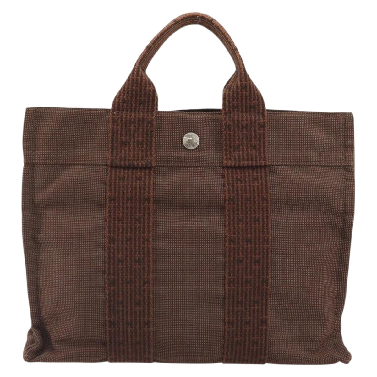 HERMES Her Line PM Hand Bag Canvas Brown Silver Auth 192649A
