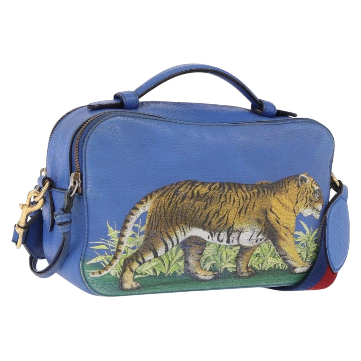 GUCCI Tiger Pattern Hand Bag Leather 2way Blue Gold 453565 Auth 192658A