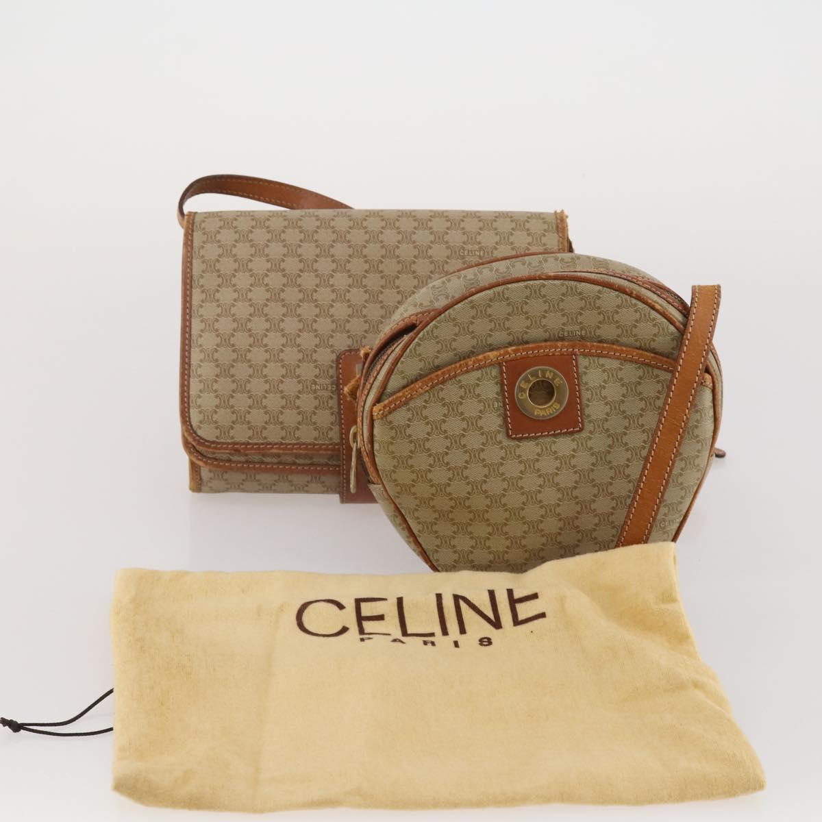 CELINE Macadam Canvas Shoulder Bag PVC Leather 2 Set Beige Auth 192660