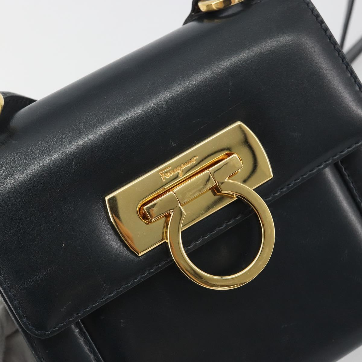 Salvatore Ferragamo Gancini Shoulder Bag Leather Navy Gold Auth 192665