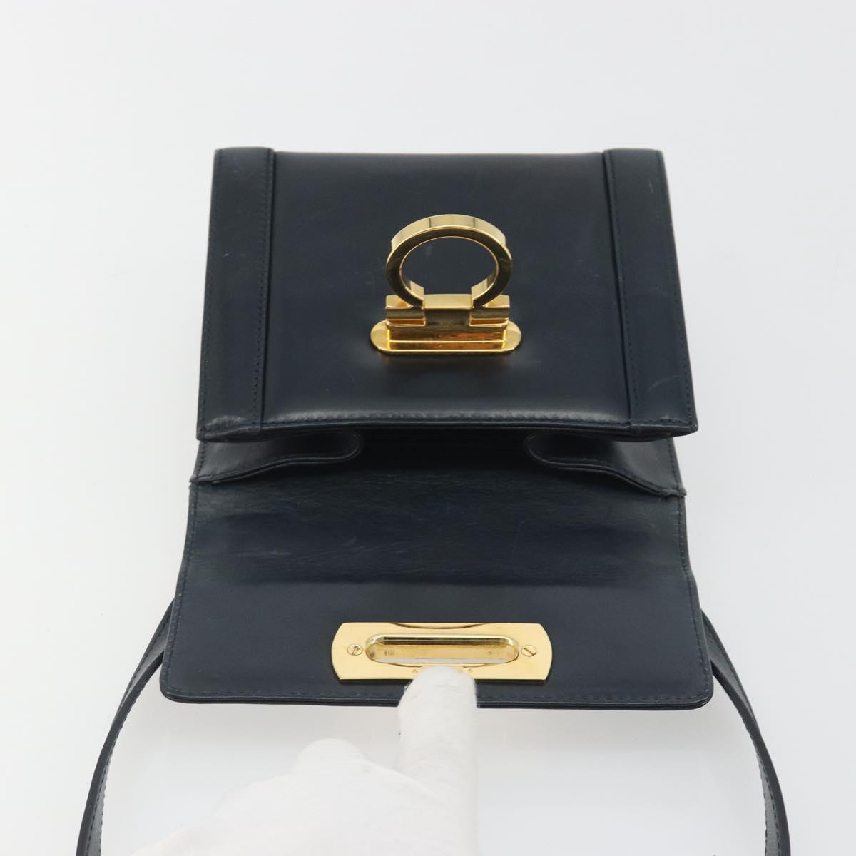 Salvatore Ferragamo Gancini Shoulder Bag Leather Navy Gold Auth 192665