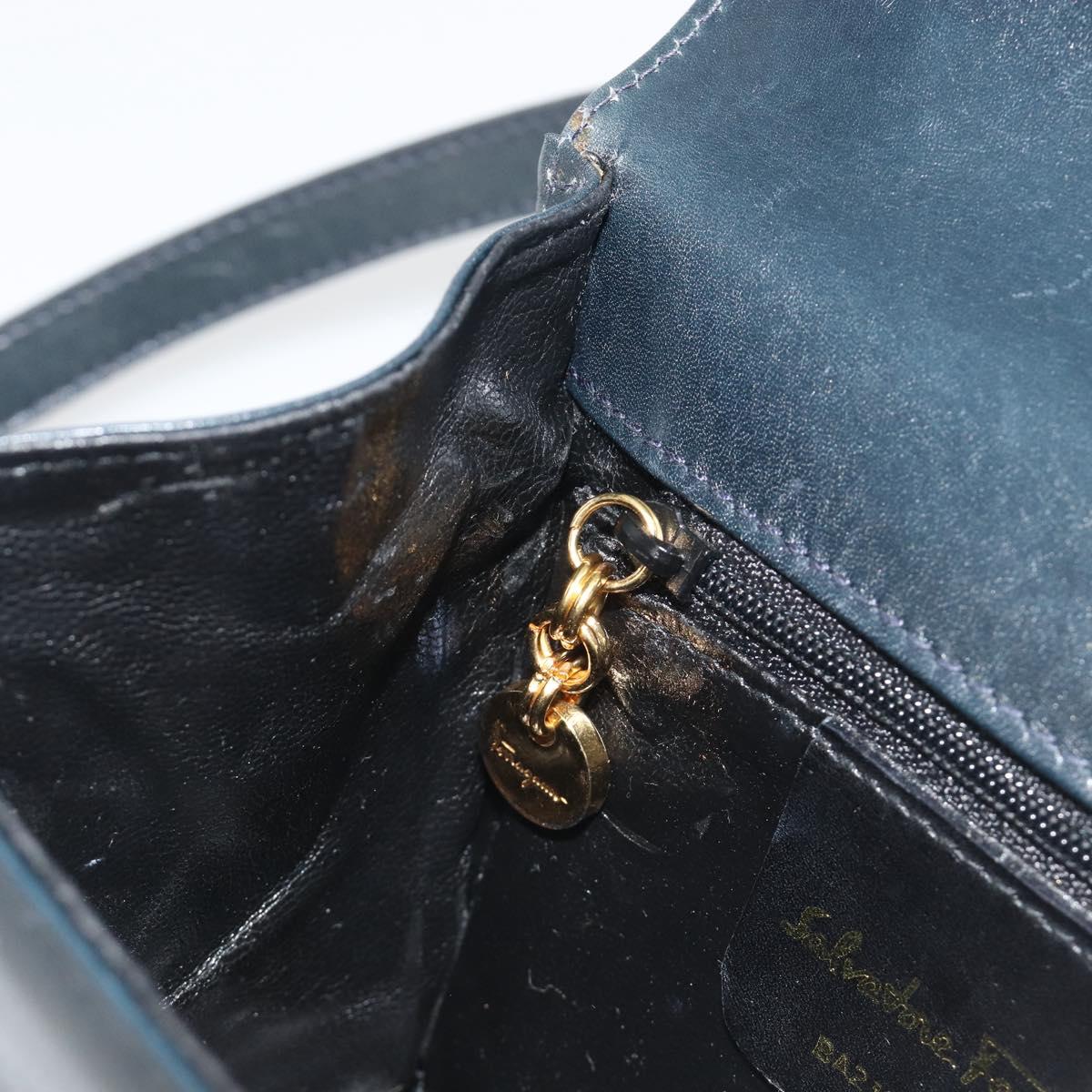 Salvatore Ferragamo Gancini Shoulder Bag Leather Navy Gold Auth 192665