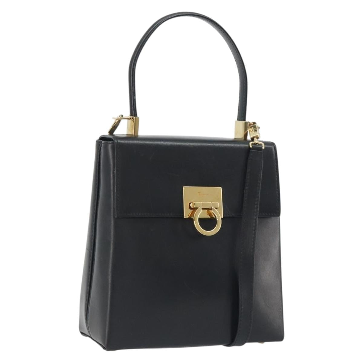 Salvatore Ferragamo Gancini Hand Bag Leather 2way Black Gold Auth 192668