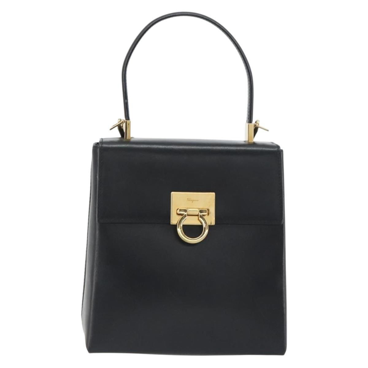 Salvatore Ferragamo Gancini Hand Bag Leather 2way Black Gold Auth 192668
