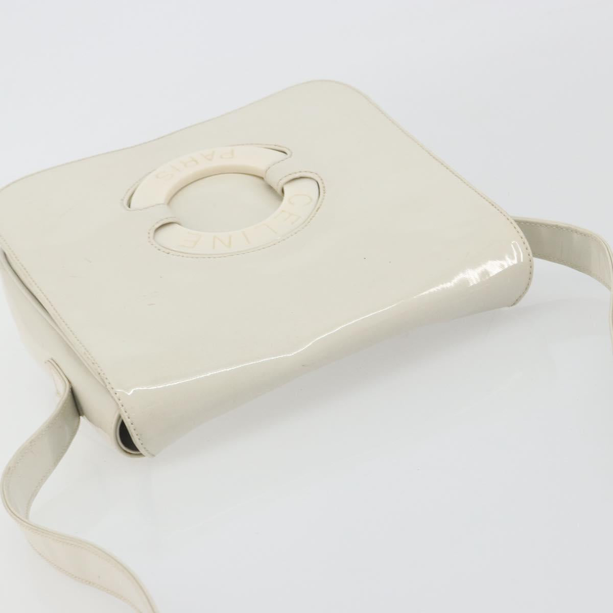 CELINE Circle Shoulder Bag Patent Leather Ivory Silver Auth 192674