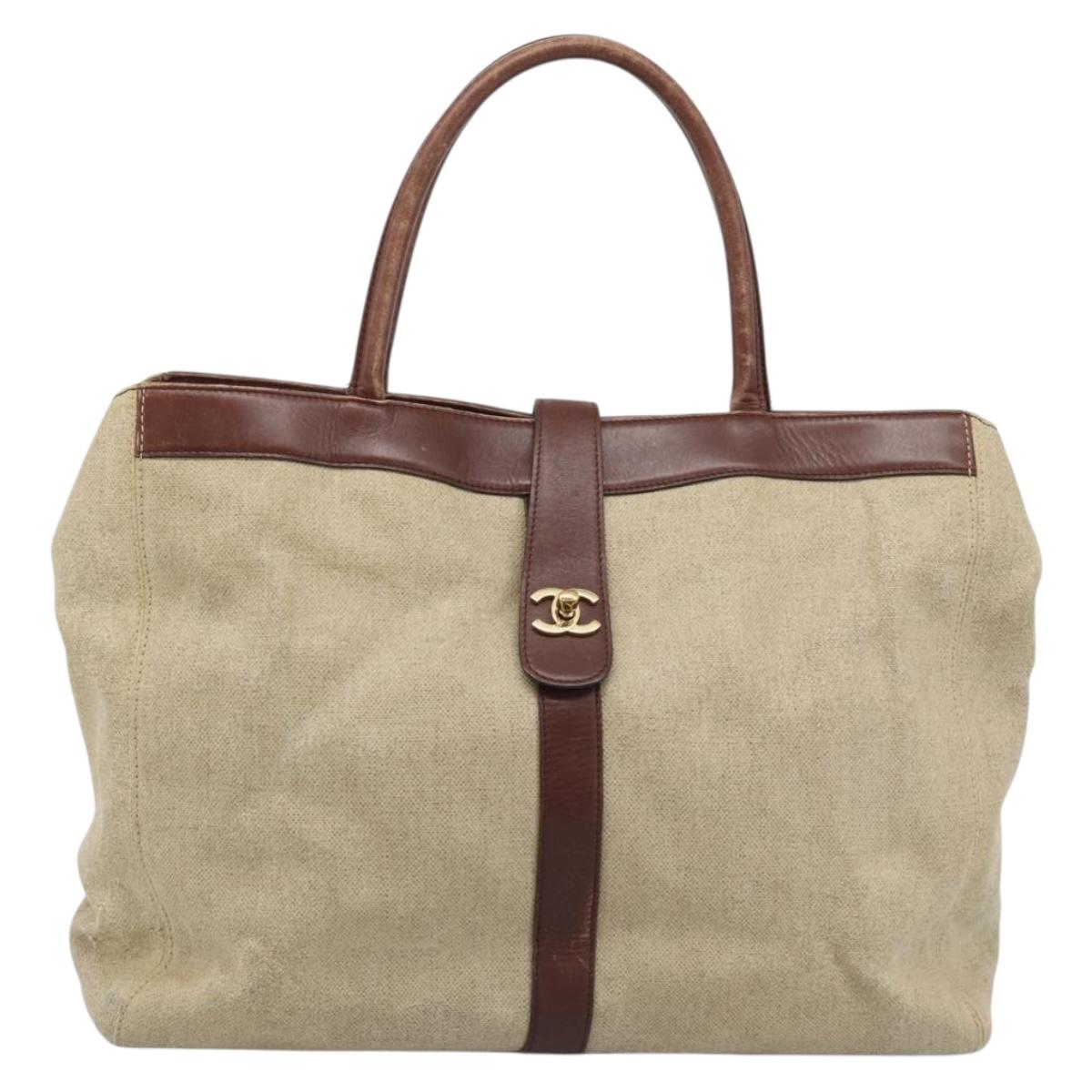 CHANEL Tote Bag Coated Canvas Beige Gold CC Auth 192678