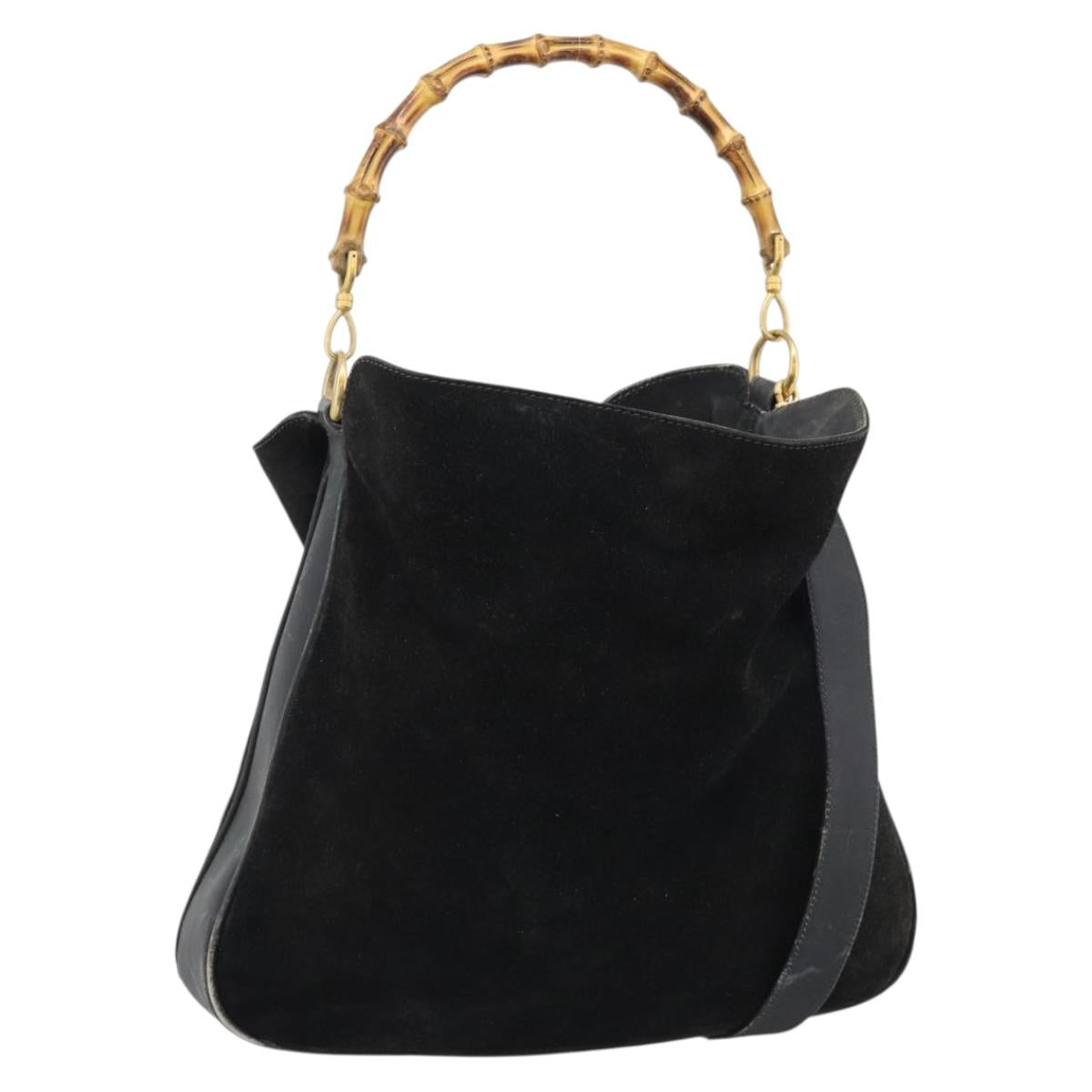 GUCCI Bamboo Shoulder Bag Suede 2way Black Gold 001 1577 Auth 192682