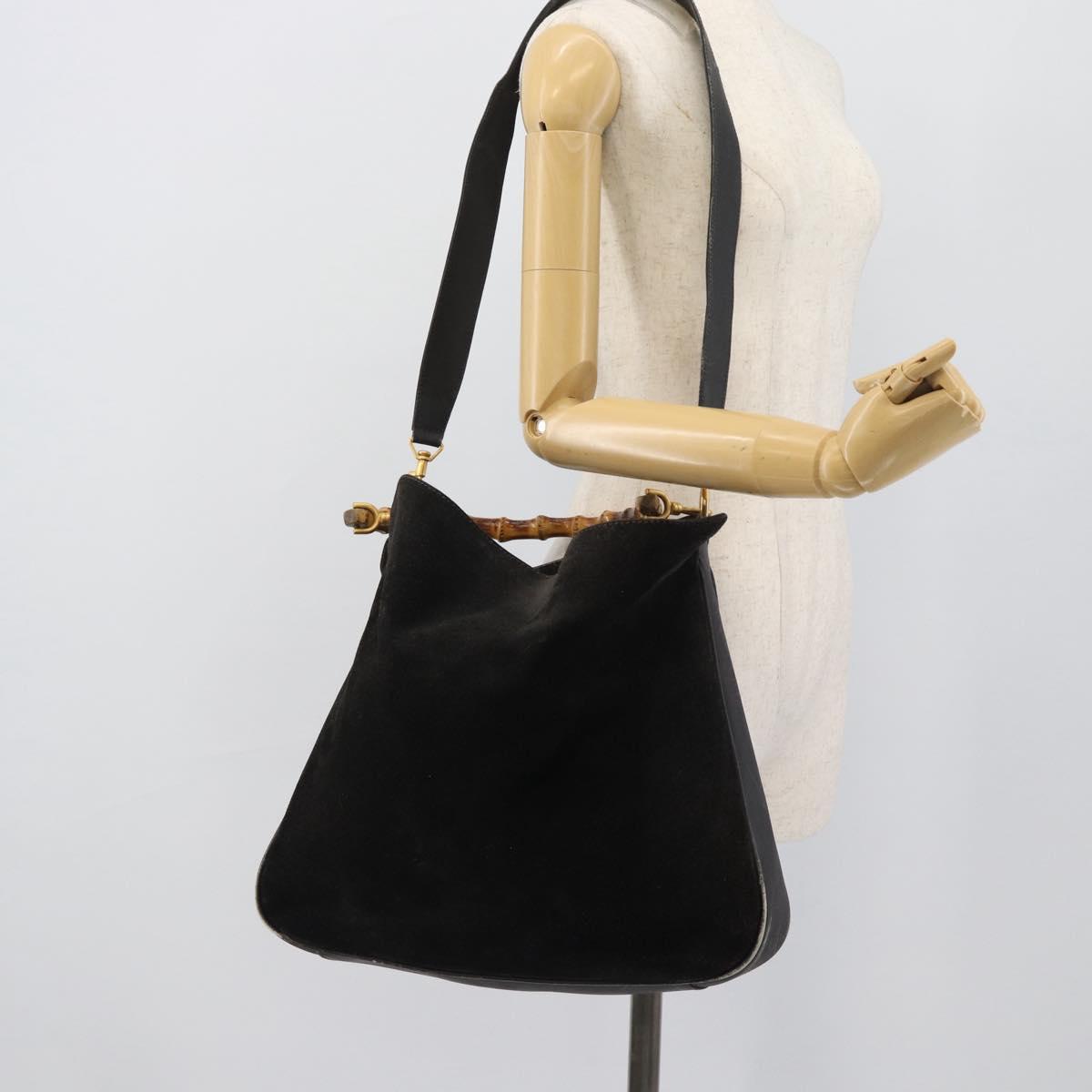 GUCCI Bamboo Shoulder Bag Suede 2way Black Gold 001 1577 Auth 192682