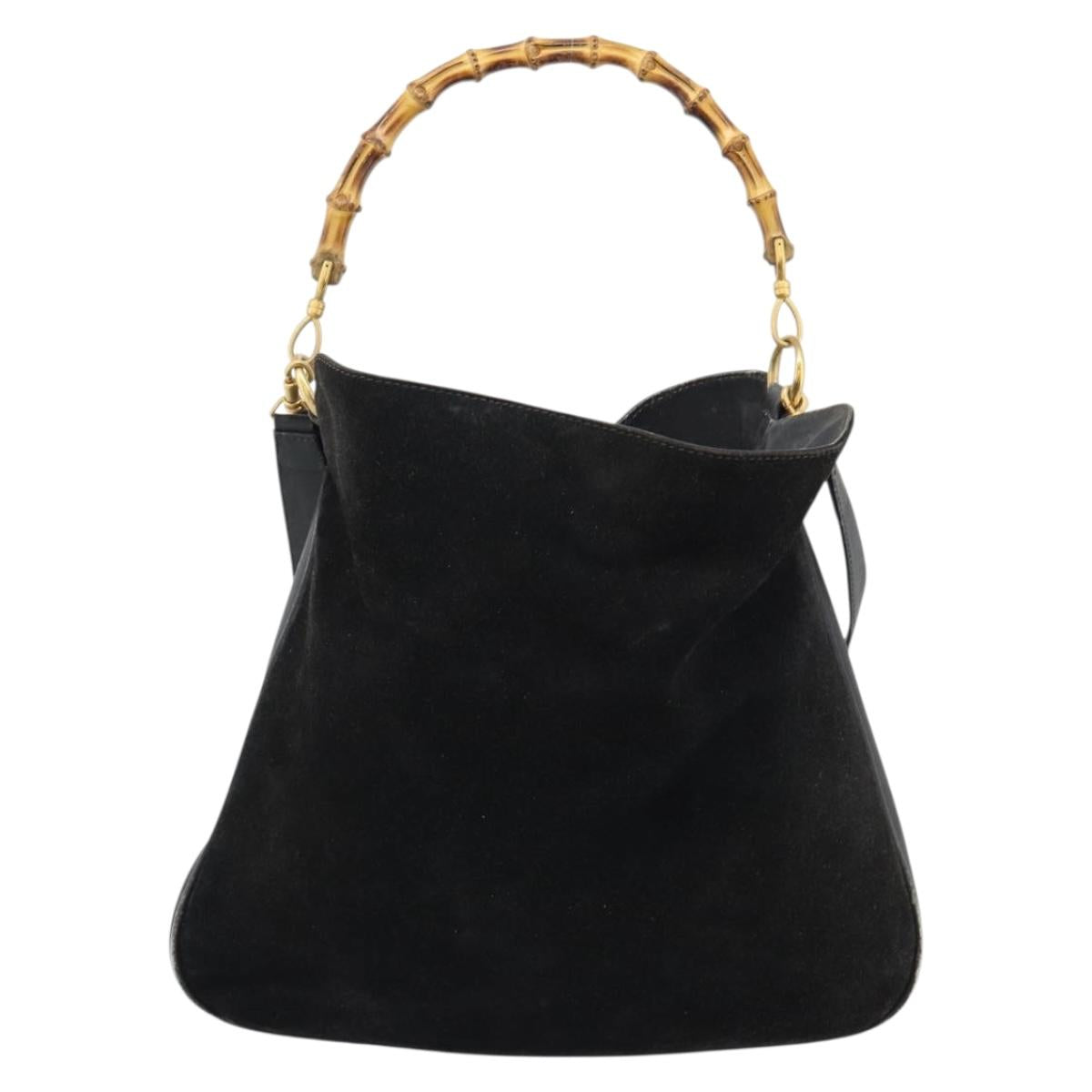 GUCCI Bamboo Shoulder Bag Suede 2way Black Gold 001 1577 Auth 192682
