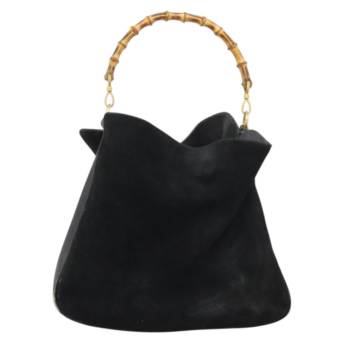 GUCCI Bamboo Shoulder Bag Suede 2way Black Gold 001 1577 Auth 192682