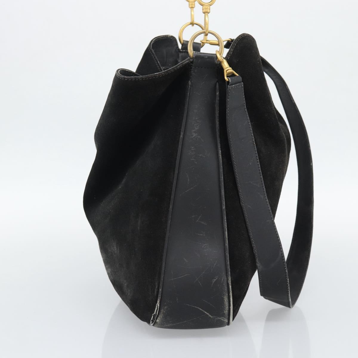 GUCCI Bamboo Shoulder Bag Suede 2way Black Gold 001 1577 Auth 192682