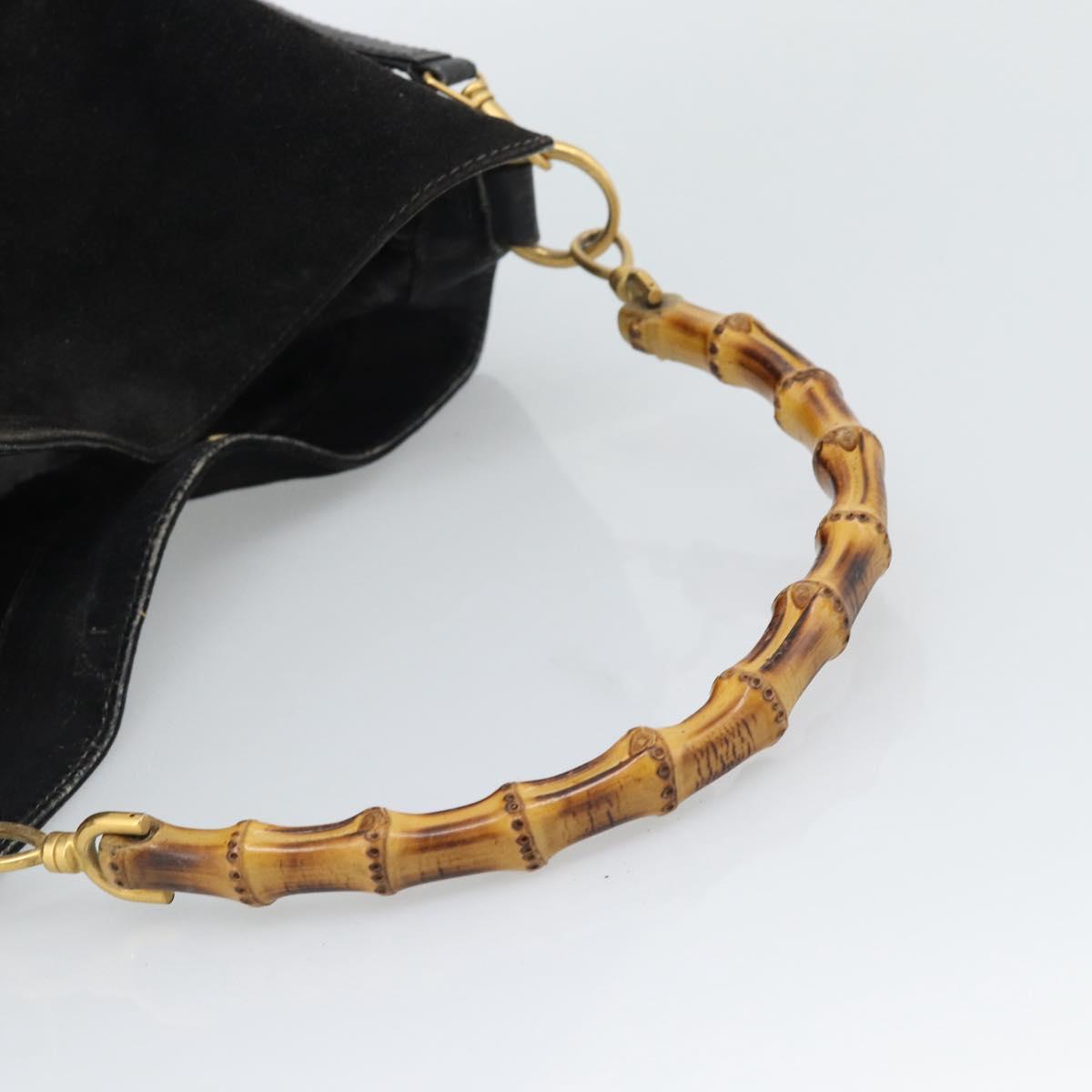 GUCCI Bamboo Shoulder Bag Suede 2way Black Gold 001 1577 Auth 192682